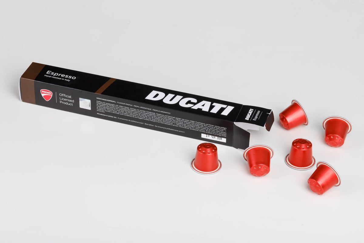Espresso by Ducati capsule box with red Nespresso® Original compatible coffee capsules